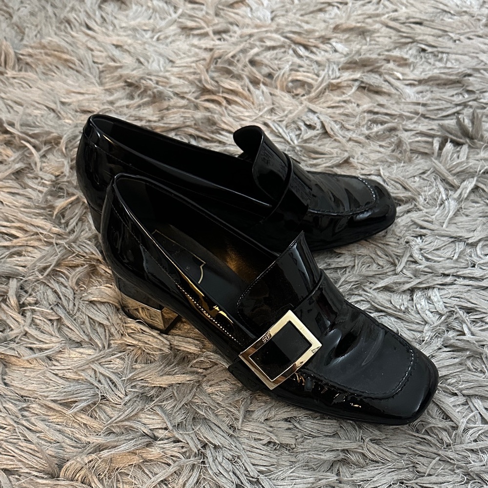 Roger Vivier Black Patent Leather Loafers with Silver Buckle